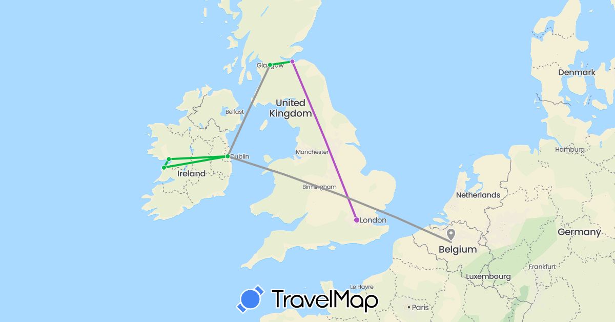 TravelMap itinerary: driving, bus, plane, train in Belgium, United Kingdom, Ireland (Europe)