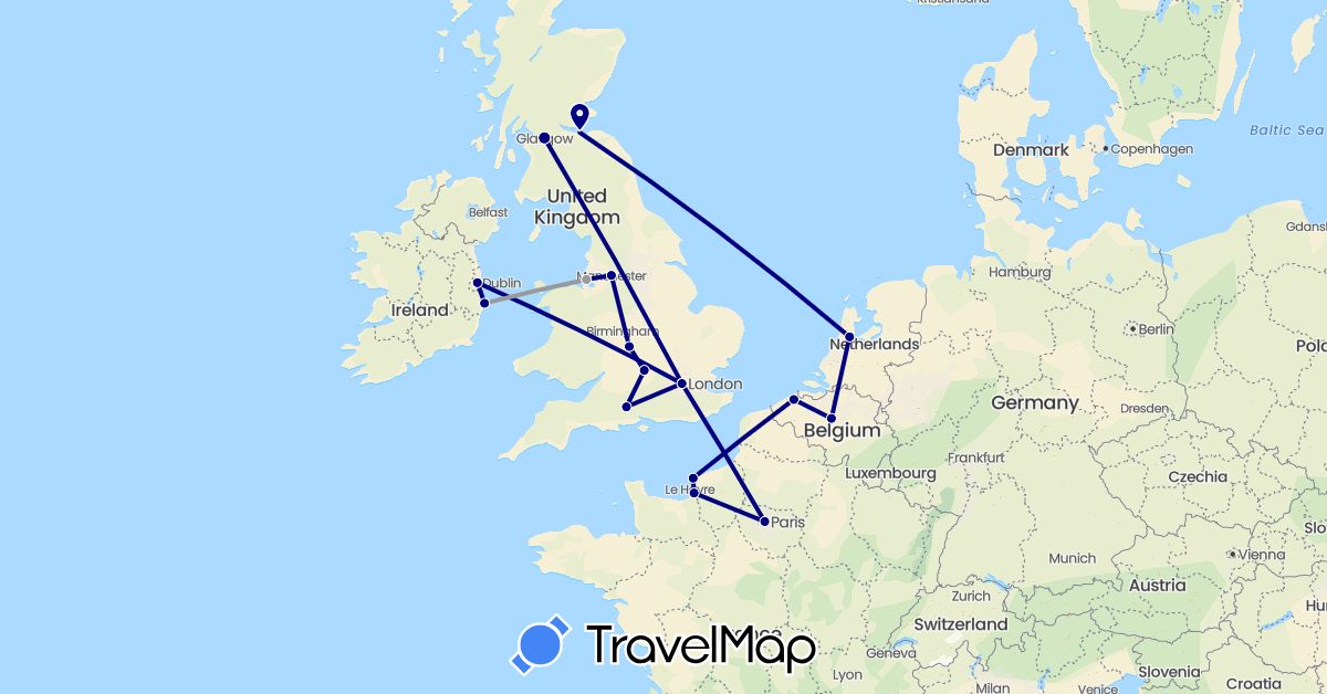 TravelMap itinerary: driving, plane in France, United Kingdom, Ireland (Europe)